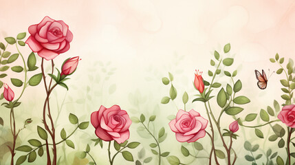 Fototapeta na wymiar Forest and peonies, Cartoon drawing, Water color style, AI Generated