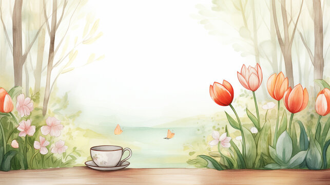 Forest and tulips and tea, Cartoon drawing, Water color style, AI Generated