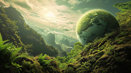 Illustration of planet earth with forest background. - obrazy, fototapety, plakaty