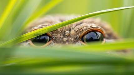 Obraz premium a close - up of a cat's eyes peeking out from behind a green blade of grass with a blurry background.
