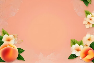 Round frame made of pink and beige flowers, fruits, green leaves, and branches on a Light peach background. Flat lay, top view. Valentine's background