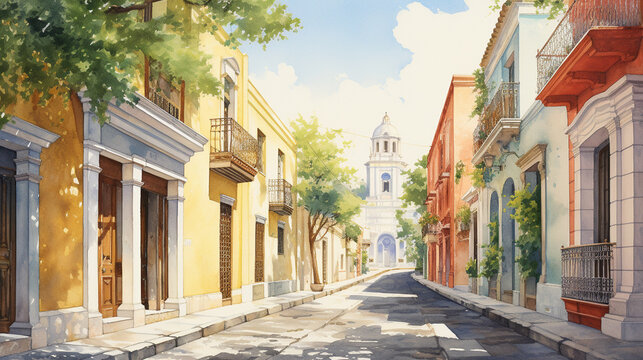 Historic Watercolor Street View, Detailed watercolor painting of charming historic street bringing to life essence of cultural heritage, Perfect for educational materials, AI Generated