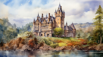Historical Watercolor Castle Scene, Richly detailed watercolor painting of historical castle, Great for educational materials, historical fiction covers or as part of heritage art, AI Generated - obrazy, fototapety, plakaty