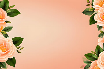 Naklejka premium Round frame made of pink and beige roses, flowers, green leaves, and branches on a Light peach background. Flat lay, top view. Valentine's background