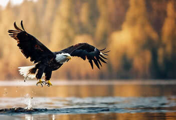 Bald Eagle vola a caccia della preda a pelo dell'acqua