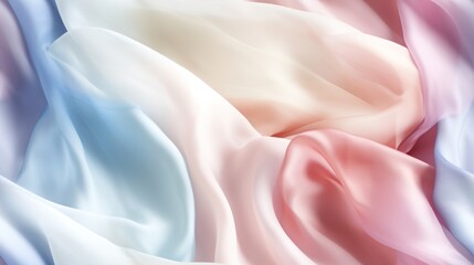  a close up of a pink, blue, and white silk material with a soft, flowing fabric in the background.