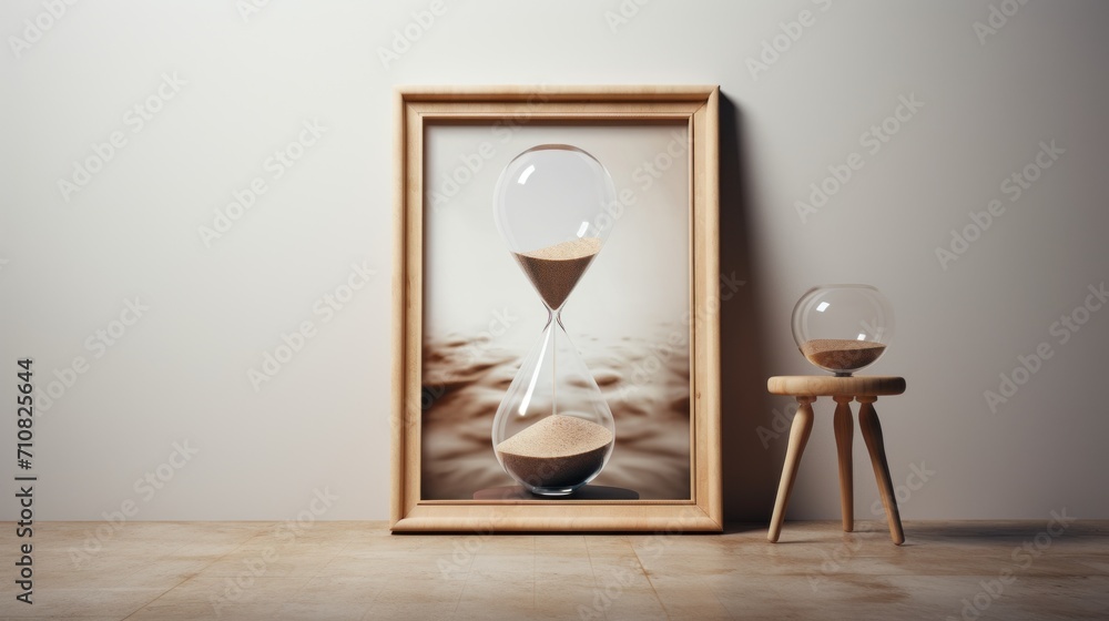 Poster a picture of an hourglass in a frame on a table next to a stool and a table with a stool.