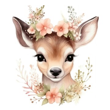 Baby Deer and flowers. Hand drawn cute fawn. Watercolor painting funny deer for kids. Baby cute animal white-tailed deer.