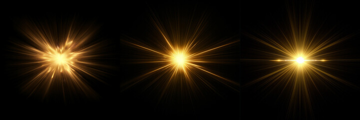 Dynamic yellow Celestial Explosion set. Black Background with Glowing golden Sunburst, Digital Lens Flare, and Color-Adjusted Light Rays