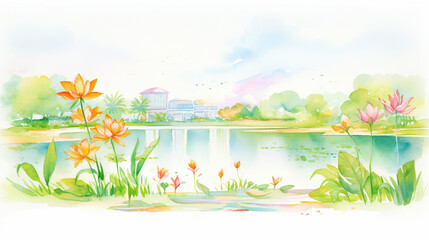 Fototapeta na wymiar Lilies and gardens and landscape, Cartoon drawing, Water color style, AI Generated