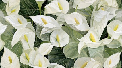  a painting of a bunch of white flowers with green leaves on the side of the picture and a yellow center in the middle of the picture.