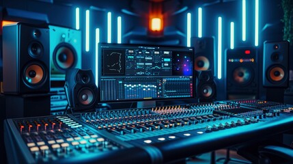 Imagine a visually captivating scene in a modern music record studio: the control desk is adorned with a sleek laptop screen, interface of a Digital Audio Workstation, 