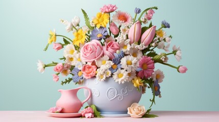  a vase filled with lots of flowers next to a pink vase with a pink tea pot on top of it.
