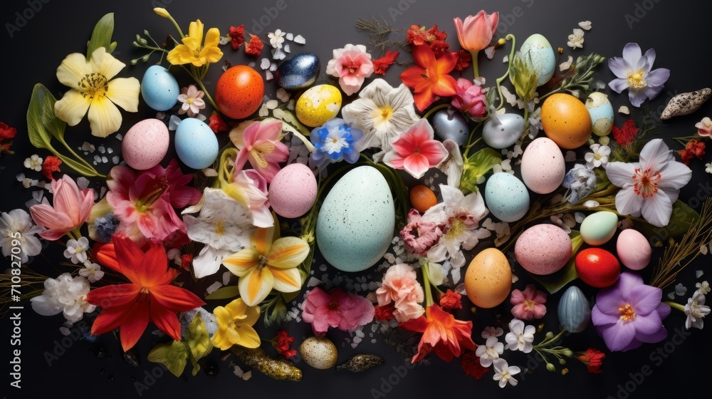 Poster a bunch of colorful flowers and eggs on a black background with an egg in the center of the image an