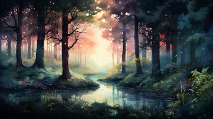 Mystical Watercolor Forest at Twilight, Enchanting forest scene at twilight in watercolors, AI Generated