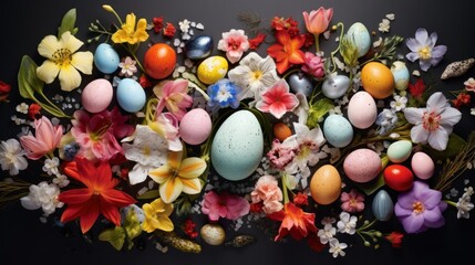 Fototapeta na wymiar a bunch of colorful flowers and eggs on a black background with an egg in the center of the image and a few smaller eggs in the middle.