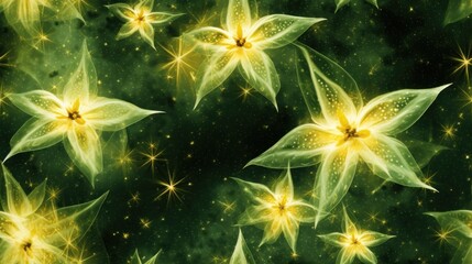  a green and yellow background with stars and flowers in the center of the image and a green background with yellow stars in the middle of the image.