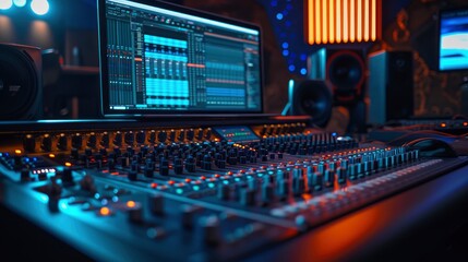 Imagine a visually captivating scene in a modern music record studio: the control desk is adorned with a sleek laptop screen, interface of a Digital Audio Workstation, 