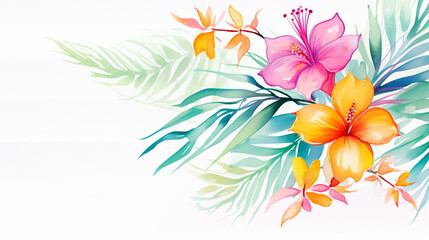 Palm Leaf and Exotic Flower Composition, Closeup of palm leaves intermixed with exotic tropical flowers, AI Generated