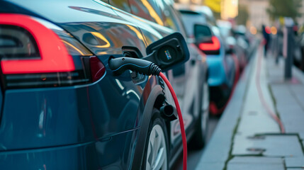 Charging a car at an electric vehicle charging station. Electric vehicle charging station for charging the battery of an electric vehicle. Clean energy. Green technology.