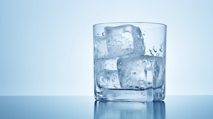  ice cubes in a glass of water on a reflective surface with a light blue backround behind it.