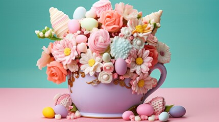  a pink coffee cup filled with lots of flowers on top of a pink table next to an easter egg and marshmallows.