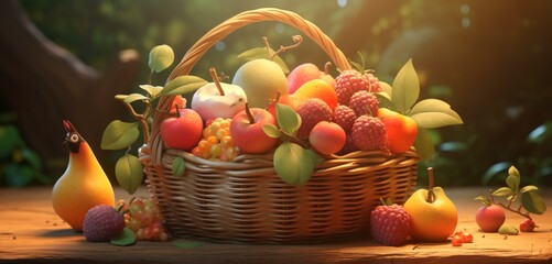 In a basket lived four best friends a Peach, a Plum, a Raspberry, and a Kiwi, nestled together...