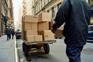 bustling business district as a delivery services man navigates a hand truck loaded with cardboard boxes.
