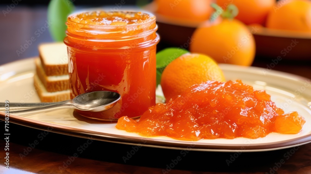Poster a close up of a plate of food with a jar of jam and a spoon on a table with oranges in the backgroun