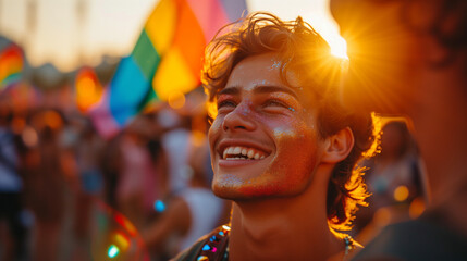 Candid young man celebrating gay pride LGBTQ festival in a queer crowd with rainbow pride flags copy space