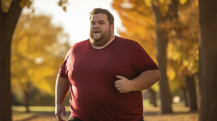 Funny overweight man jogging on the road