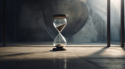  an hourglass sitting on a tiled floor in front of a large piece of artwork in a dark room with light coming through the window.