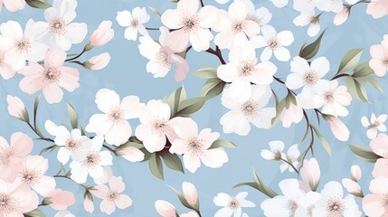  a blue background with a bunch of white and pink flowers on a light blue background with white and pink flowers on a light blue background.
