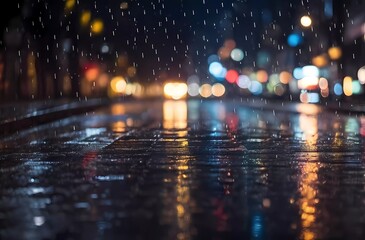 Rain on road at night with blurred lights background high quality photo HD , rain in the city at night with blurred lights background 