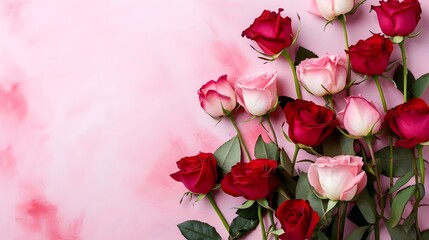 Valentine's day, red rose petals on pink background with copy space.