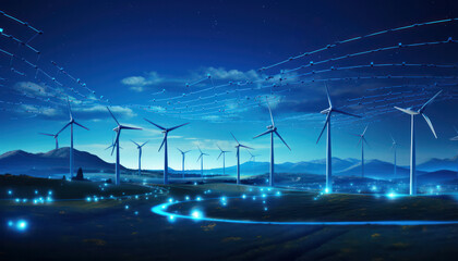 Wind Energy for a Sustainable digital Future, banner,  Digital Constellations: Navigating the Cyber Universe - Futuristic Technology Banner, Eco-Friendly Power: Harnessing Renewable - obrazy, fototapety, plakaty