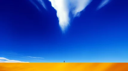 Fotobehang A lone figure stands under a vast blue sky, with a striking cloud formation pointing downwards, creating a dynamic contrast with the golden ground below.Abstract art concept. AI generated. © Czintos Ödön