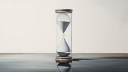  a painting of an hourglass on a reflective surface with a white wall behind it and a reflection of the hourglass in the glass.
