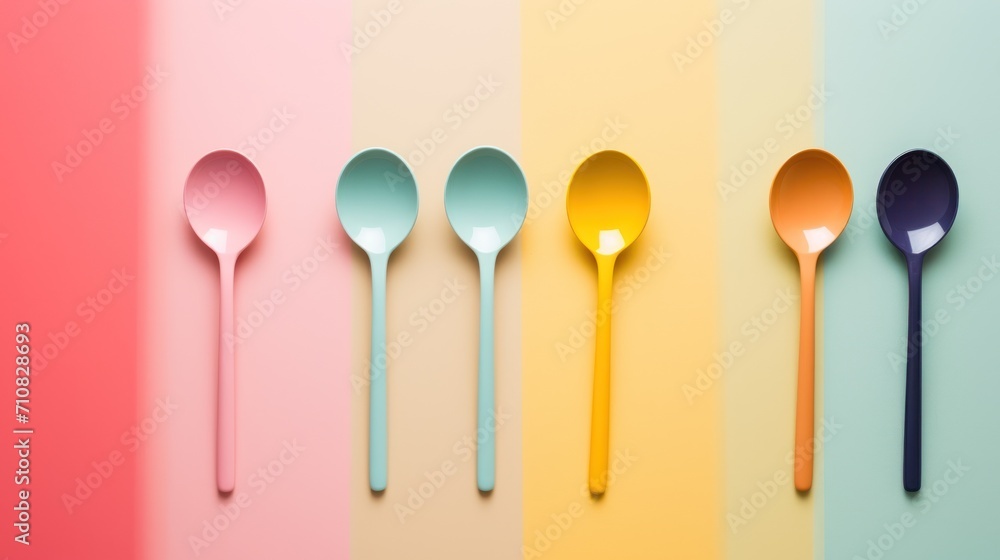 Poster five spoons lined up in a row on a multicolored background with one spoon in the middle and one spoo