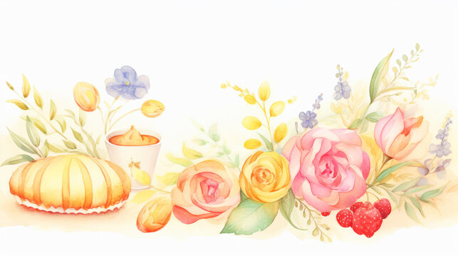 Roses and bread, Cartoon drawing, Water color style, AI Generated