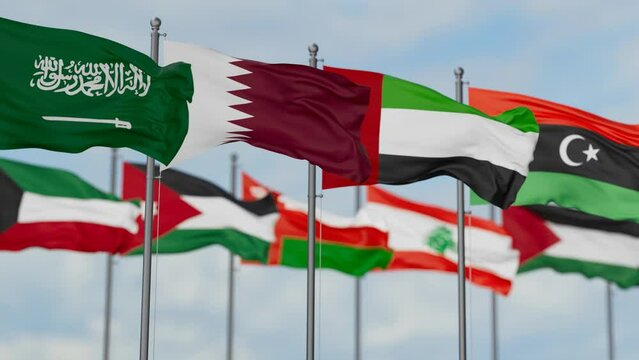 Arab League flags waving together on cloudy sky, endless seamless loop