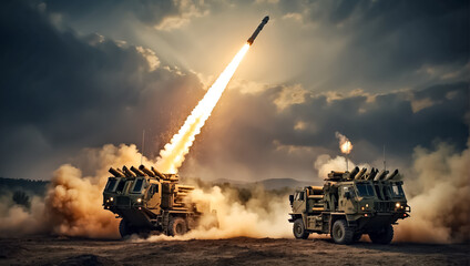 Obraz premium defense system Patriot in the field background power