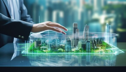 Human touching a advanced technology based on hologram light with greenery city, eco-friendly city on a city background with hologram network icons for energy source research, renewable energy concept