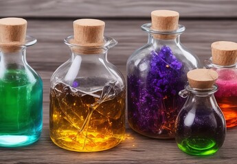 magic potions in bottles on wooden background
