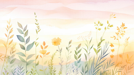 Sunset and herbs, Cartoon drawing, Water color style, AI Generated