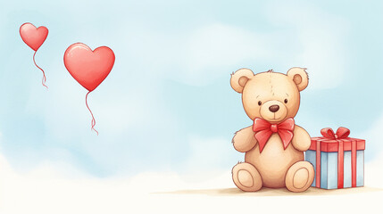 Teddy Bear with Red Hearts and Gift, Cute teddy bear holding red hearts next to gift box, Perfect for adorable Valentine Day, AI Generated