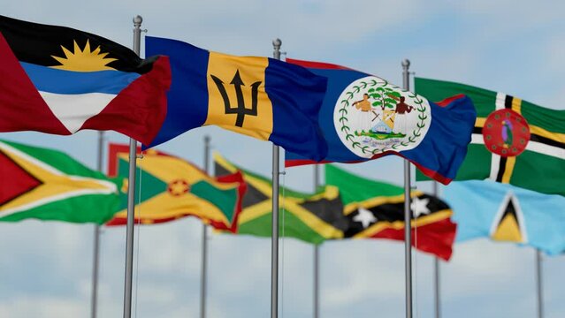 CARICOM Caribbean Single Market and Economy CSME flags waving together on cloudy sky, endless seamless loop