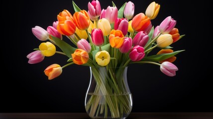  a vase filled with lots of colorful tulips sitting on top of a table next to a black wall.