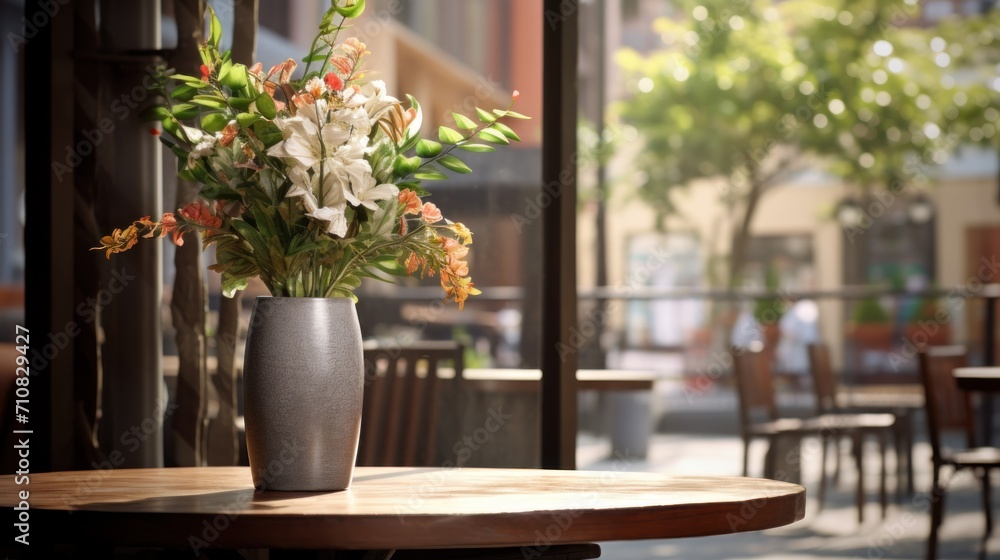 Aufkleber a vase filled with flowers sitting on top of a table next to a table with chairs and tables in the b