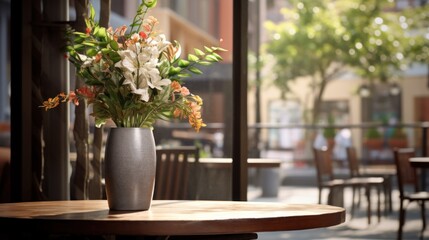  a vase filled with flowers sitting on top of a table next to a table with chairs and tables in the background.